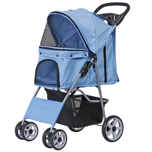 4 Wheels Pet Stroller Foldable Carrier Strolling Cart for Cat Dog w/ Storage Basket Blue