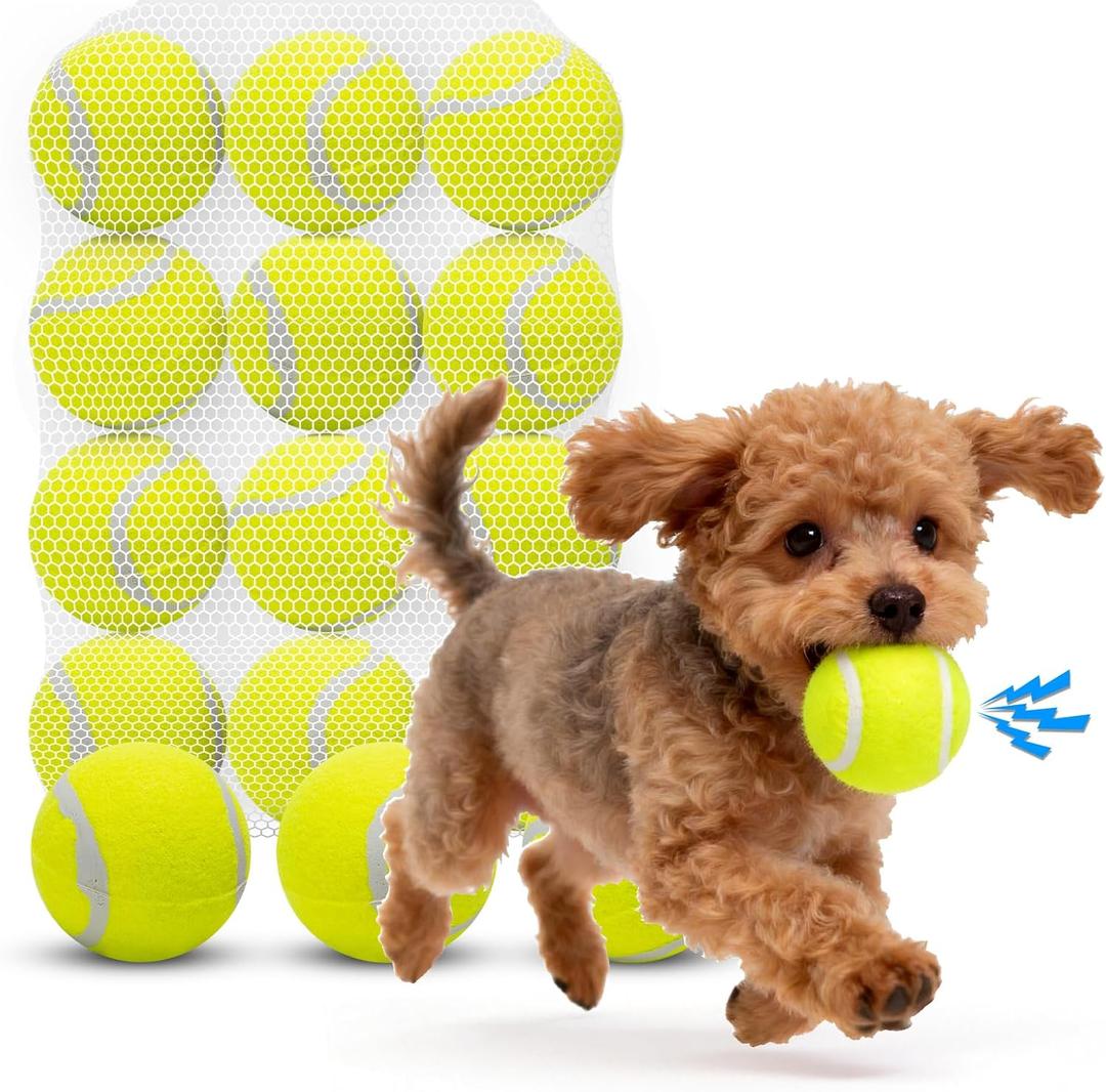 Nobleza Dog Tennis Balls 12 Pack, 2.5 Floatable Squeaky Tennis Ball for Small Medium Dogs, Training Safe Natural Rubber Squeaky Dog Balls for Dogs to Fetch Exercise, Yellow
