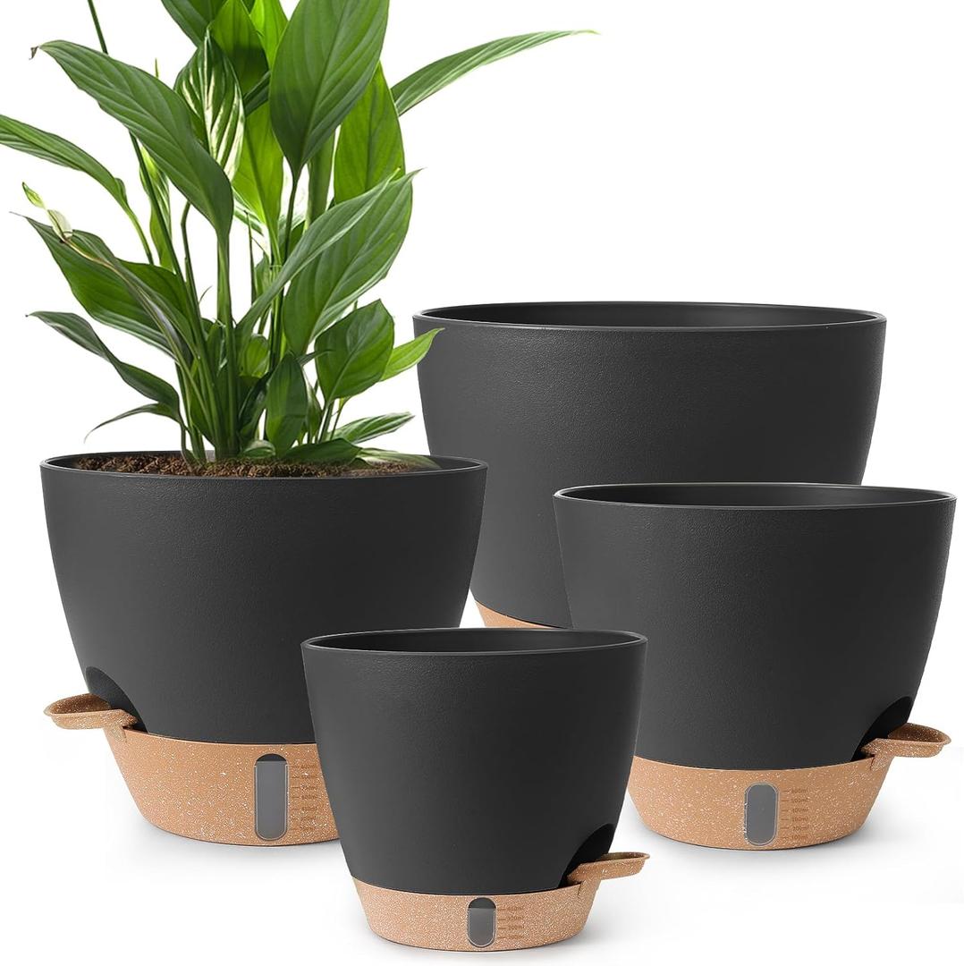 Plant Pots,12/10/9/8/ Inch Large Plastic Self Watering Flower Pots Indoor Outdoor with Drainage Holes, Deep Reservoir,Nursery Planting Pot for Indoor Out Door Plants, Black