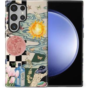 Case for Samsung Galaxy S25 Ultra,Hybrid Heavy Duty 2 in 1 Full Body Rugged Shockproof Protection Glossy Case for Samsung Galaxy S25 Ultra - Aesthetic Collage Moon and Sun