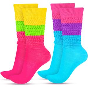 JenPen 2 Pairs 80s 90s Neon Slouch Socks for Women Valentine Galentine's Day Soft Scrunch Socks Gift Extra Long, One Size, Rose Red, Purple, Blue, Fluorescent Green/Yellow Size One Size
