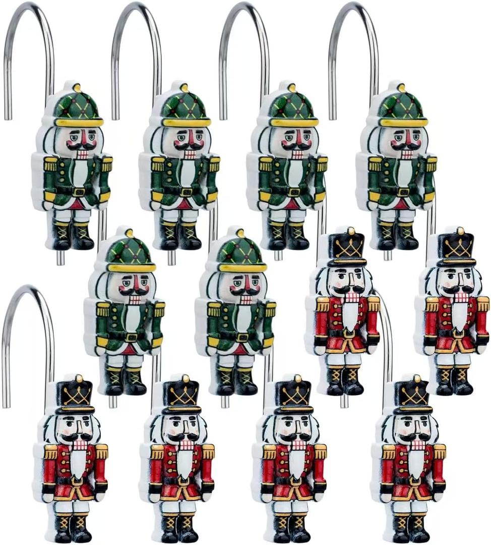 12 Pack Christmas Shower Curtain Hooks - Resin Hand-Painted Nutcracker Design, Red and Green Holiday Shower Rings for Bathroom Decorations