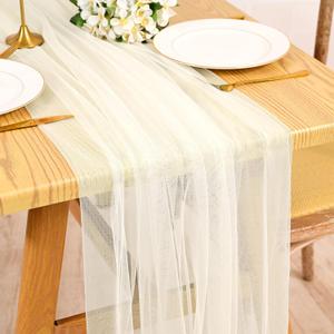 3 Pack Beige Soft Gauze Table Runner 10Ft Tulle Fabric Table Decor Romantic Long Sheer Table Runner for Wedding Holiday Birthday Anniversary Dinner Home Party, 60 x 120 inch/ 150 x 300 cm