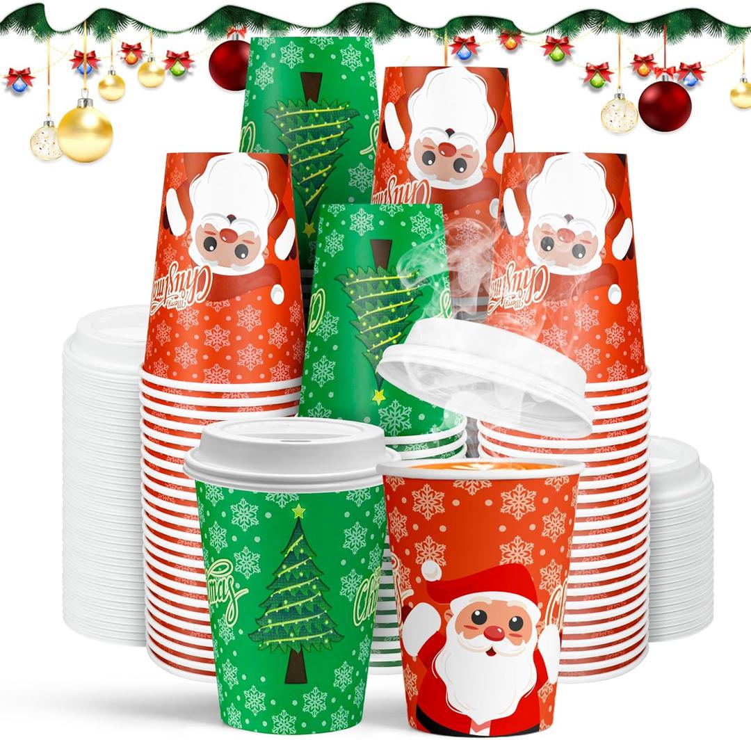 100Pcs 12 Oz Christmas Disposable Paper Coffee Cups with Lids, To Go Coffee Cups for Hot Chocolate, Cocoa, Hot Tea, Drinks and Christmas Party and Coffee Bars Decoration Supplies