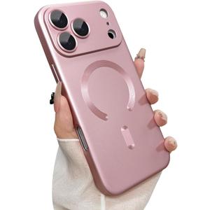 Magnetic for iPhone 17 Pro Case, with Camera Lens Protector, Compatible with Magnetic, Slim Shockproof Bumper Soft Silicone Metallic Luster Phone Case for iPhone 17 Pro, Pink