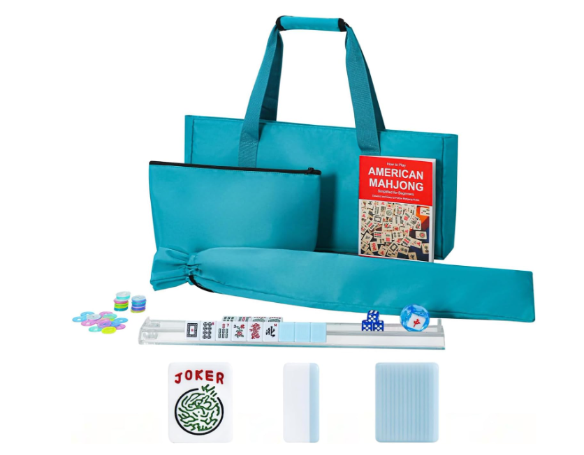 GUSTARIA American Mahjong Game Set, 166 Blue Tiles, Blue Bag and Accessories, 4 All-in-One Transparent Rack/Pushers, Mahjong Tile Set