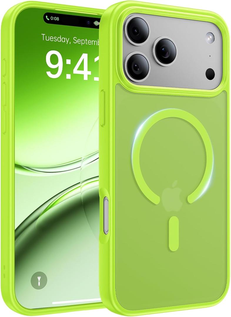 Magnetic for iPhone 17 Pro Case, [Anti-Slip] [Military-Grade Drop Protection] [Camera Protection] Skin-Friendly Slim Matte Shockproof Protective for iPhone 17 Pro Phone Case, Fluorescent Green