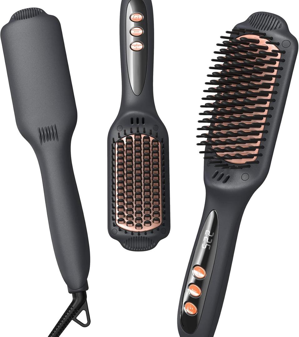 LANDOT Hair Straightening Brush Straightener: Negative Ion Ceramic Heated Hot Flat Iron Brush for Smooth Frizz-Free Hair - Dual Voltage & 12 Temp Settings 250F to 450F Fit All Hair Types