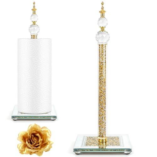 Bling Paper Towel Holder Stand with Square Base, Paper Filled with Countertop, Crystal Paper Towel Holder, Crystal Crushed Diamond Home Decor for Bathroom, Kitchen and Home (Gold)