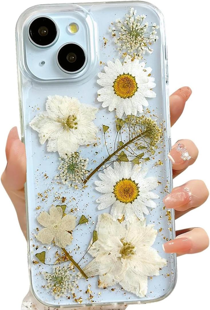 for iPhone 13 / iPhone 14/ iPhone 15 Clear Case with Pressed Real Flowers Design,Glitter Cute White Floral Pattern Soft TPU Protective Women Girl's Phone Cover for iPhone 13/14/15