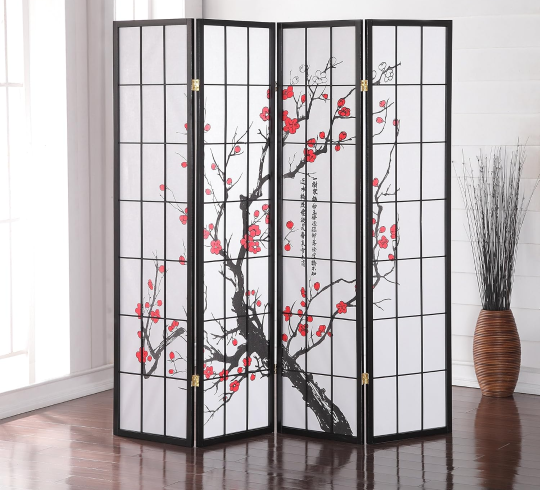 Roundhill Furniture Black Japanese 4-Panel Screen Room Divider, Plum Blossom