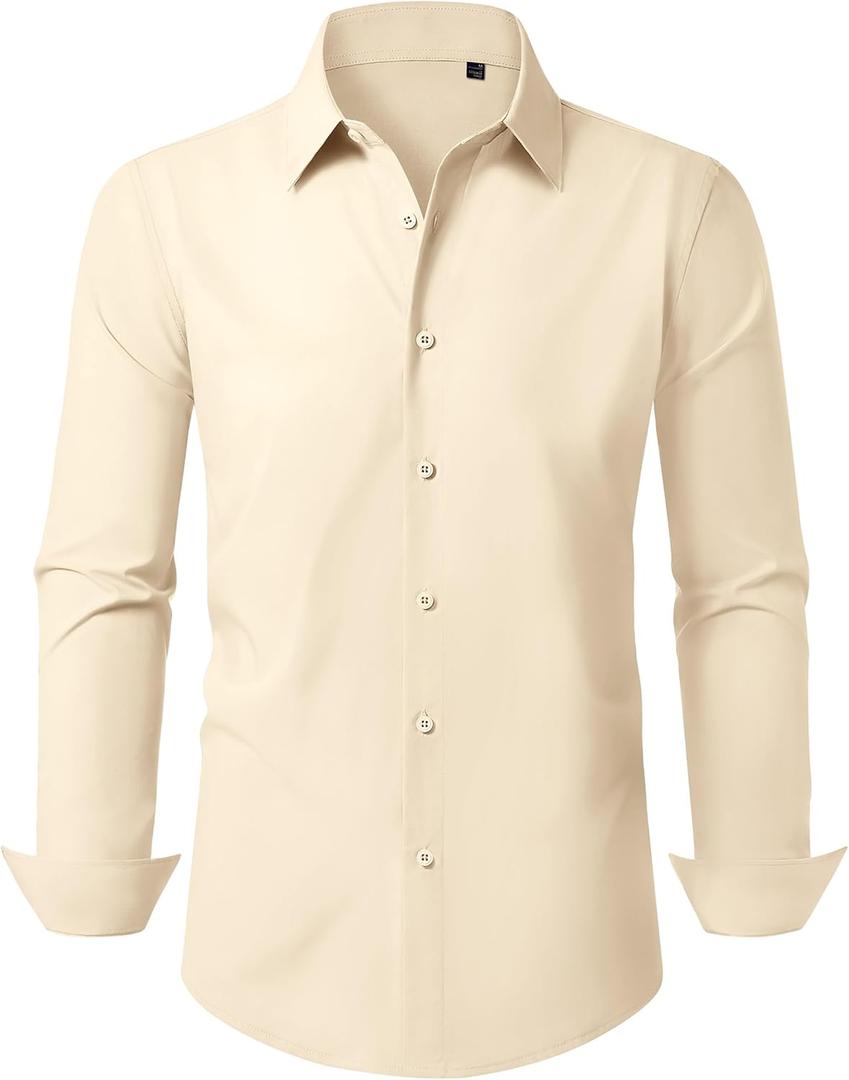Mens Business Dress Shirt Long Sleeve Button Down Formal Shirt for Men Cotton Slim Fit Shirt for Wedding (Large, White Smoke)
