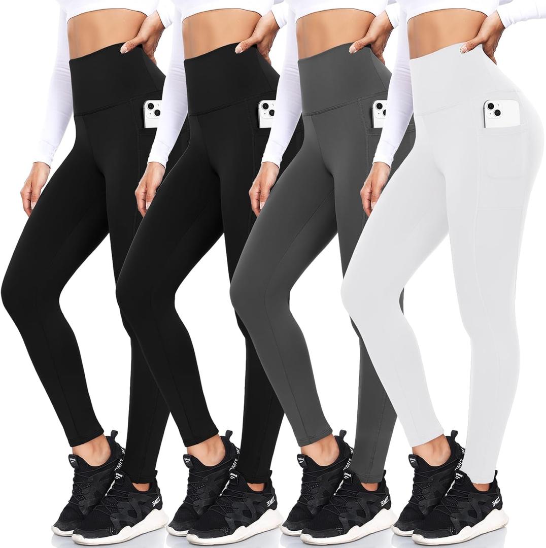 FULLSOFT 4 Pack Fleece Lined Leggings with Pockets for Women High Waisted Thermal Winter Warm Yoga Pants for Workout Running (Small-Medium, Black, Black, Dark Grey, White(4 Pack))