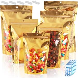 100 Pcs 1 Gallon Mylar Bags for Food Storage 10x14 Mylar Bag with Window Large Holographic Resealable Bags Smell Proof Bag Food Packaging for Small Business Freeze Dried Candy Stand Up Pouches