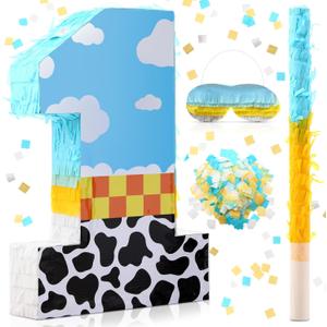 Poen Cow Number Piata for Kids Birthday Decorations Toy Game Cow Birthday Piata with Stick Blindfold and Confetti Blue Sky and White Cloud Candle for Boy Girls Party Inspire Decor(Number 1)
