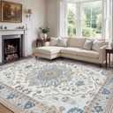 10x14 Area Rugs for Living Room, Machine Washable Boho Vintage Rug, Waterproof Surface & Non-Slip Backing, Foldable Soft Low Pile Floral Medallion Carpet for Bedroom Dining Room (Beige/Blue)