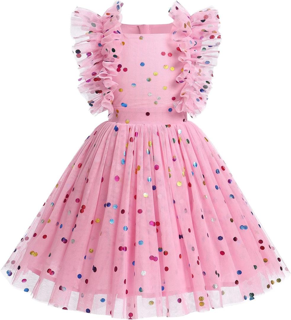 Kids Girls Confetti Polka Dots Butterfly Princess Party Wedding Flower Girl Dress Photography 3-10T (4-5T, Kids Pink Colourful)
