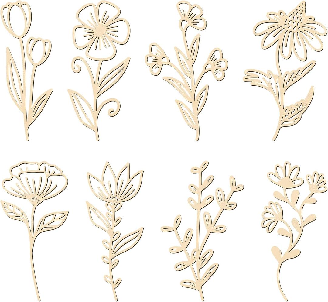 PerKoop 8 Pcs Wooden Flowers Wall Decor Boho Wildflowers Hanging Sculpture Wood Floral Cutouts for Nursery Bedroom Living Room Housewarming Gifts for Home Decorations(Elegant Style)