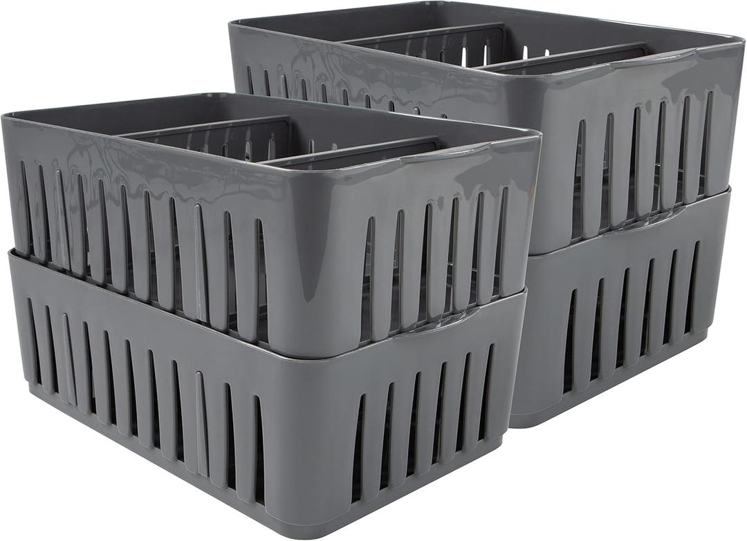 Simplify 4 Pack 3 Compartment Stackable Bin with Adjustable Dividers | Drawer Organizer | Storage Basket | Good for Office | Desk Supplies | Dorm | Bathroom | Accessories | Make Up | Grey