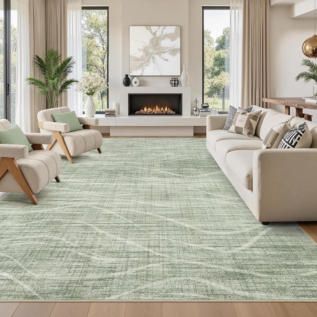 WITSHOCK 10x12 Area Rug, Green Rugs for Living Room, Large Rug Non Slip Thin Carpets, Modern Wave Striped Rugs for Bedroom Dining Room Office Nursery, Minimalist, Stain Resistant, Soft, Pet Friendly