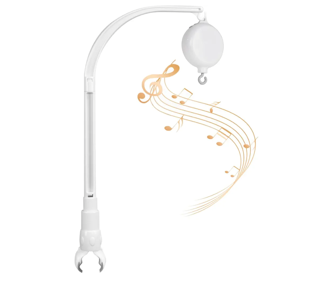 White Crib Mobile arm with Mobile Music Box Spinner, Bassinet Mobile Clip on Crib, Baby Crib Mobile arm with Crib Mobile Motor, Volume Control (Rotating only，Music only, Rotation & Music)