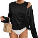 Bsubseach Womens Long Sleeve Cover Up Top Cutout Drawstring Beach Swimsuit Coverup Black XL
