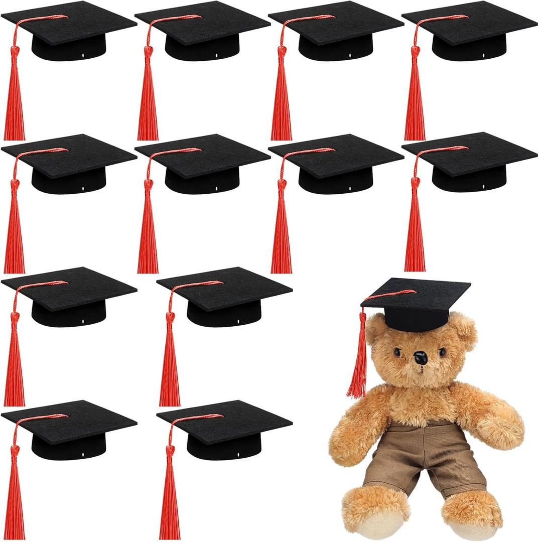 Foilswirl 12 Pcs Mini Graduation Cap with Tassel Mini Plush Mason Jar Small Animal Bachelor Hat Photo Prop Party Supply
