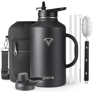 Topre Half Gallon Water Bottle with Straw and Lid, 64 oz Insulated Stainless Steel Jug with Handle,Reusable Metal Travel Flask Mug Cup With Carry Pouch and Brush,Keep Cold & Hot,Black