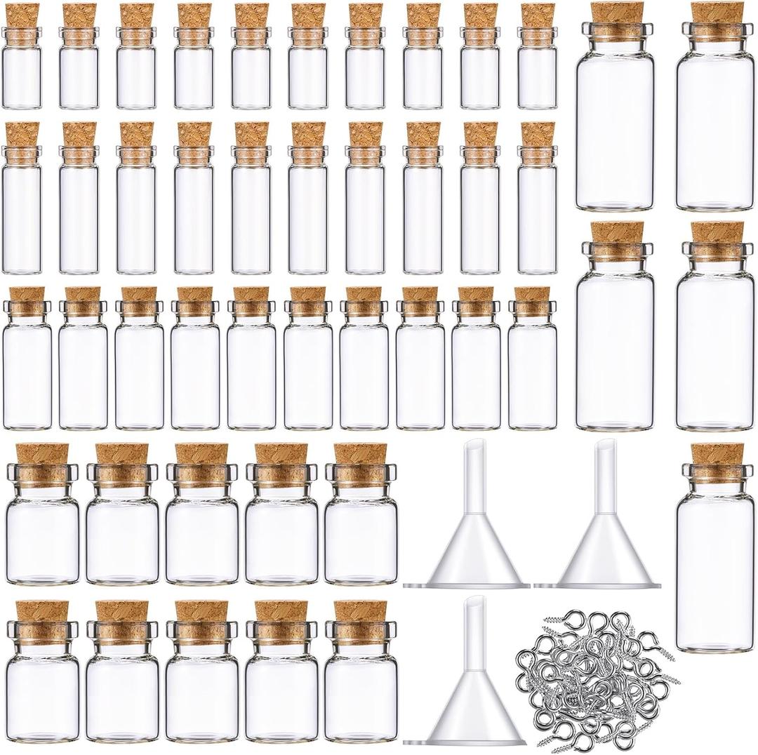 Sherli 45 Pcs Mini Tiny Glass Jars Small Bottles with Cork Stoppers Spell Jars with Eye Screws and Funnels Tiny Cork Glass Bottles for DIY Art Craft (1ml, 2ml, 3ml, 5ml, 10ml)