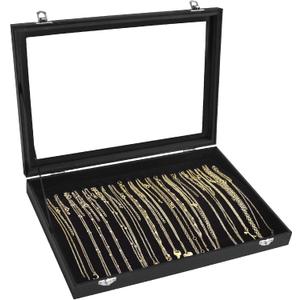 Necklace Organizer Box with Clear Lid Velvet Tray for Jewelry Storage Display Case, 20 Hooks Glass Top Drawer Insert Necklaces Pendants Dustproof Necklace Jewelry Box Organizer & Tray (Black)