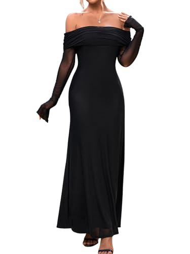 KUTUMAI Women Off Shoulder Bodycon Maxi Dress Long Sleeve Mesh Ruched Party Formal Wedding Guest Dresses Black L