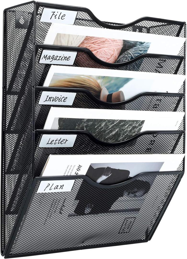 PAG Hanging Wall File Holder Mail Organizer Wall Mount Document Letter Rack, 5-Tier, Black