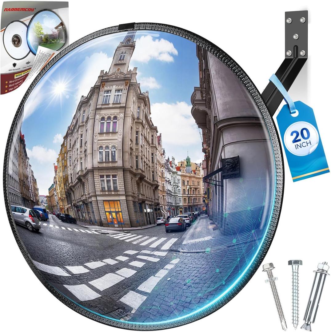 20" HD Acrylic Convex Mirror - 160 Adjustable Wide Angle View, Leather Frame & ABS Back, Blind Spot Mirror for Indoor/Outdoor Use in Garage, Warehouse, Driveway, Store & Office Security