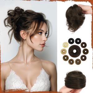SOFEIYAN Human Hair Bun 100% Real Human Hair 16g Messy Bun Natural Tousled Fluffy Donut Updo Elegant Chignon with Elastic Rubber Band Hair Piece for Women - Dark Brown with 15% Dark Cocoa Blonde (1PCS)