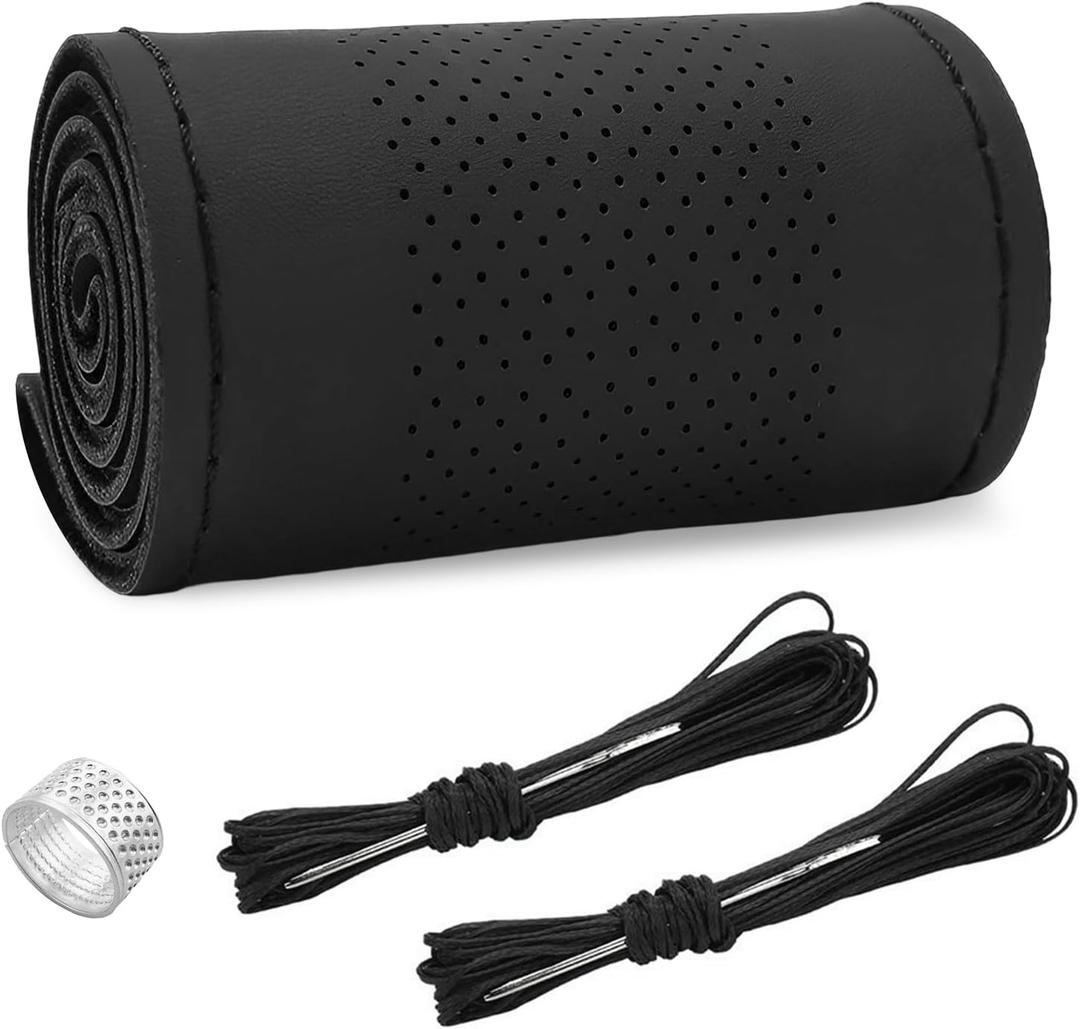 Ziciner Genuine Leather Steering Wheel Cover, Stitch on Wrap, Breathable Anti-Slip Car Steering Wheel Protector for Max Diameter 15 Inch, DIY Sewing with Needles Thread (Black, Middle Hole)