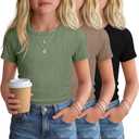 3 Pack Girls Short Sleeve Slim Fit Tops | Cotton, Tight, Ribbed Knit, Crewneck, Round Neck, Cute, Casual, Basic Tees, Solid, Plain, Summer, Versatile, Comfortable
