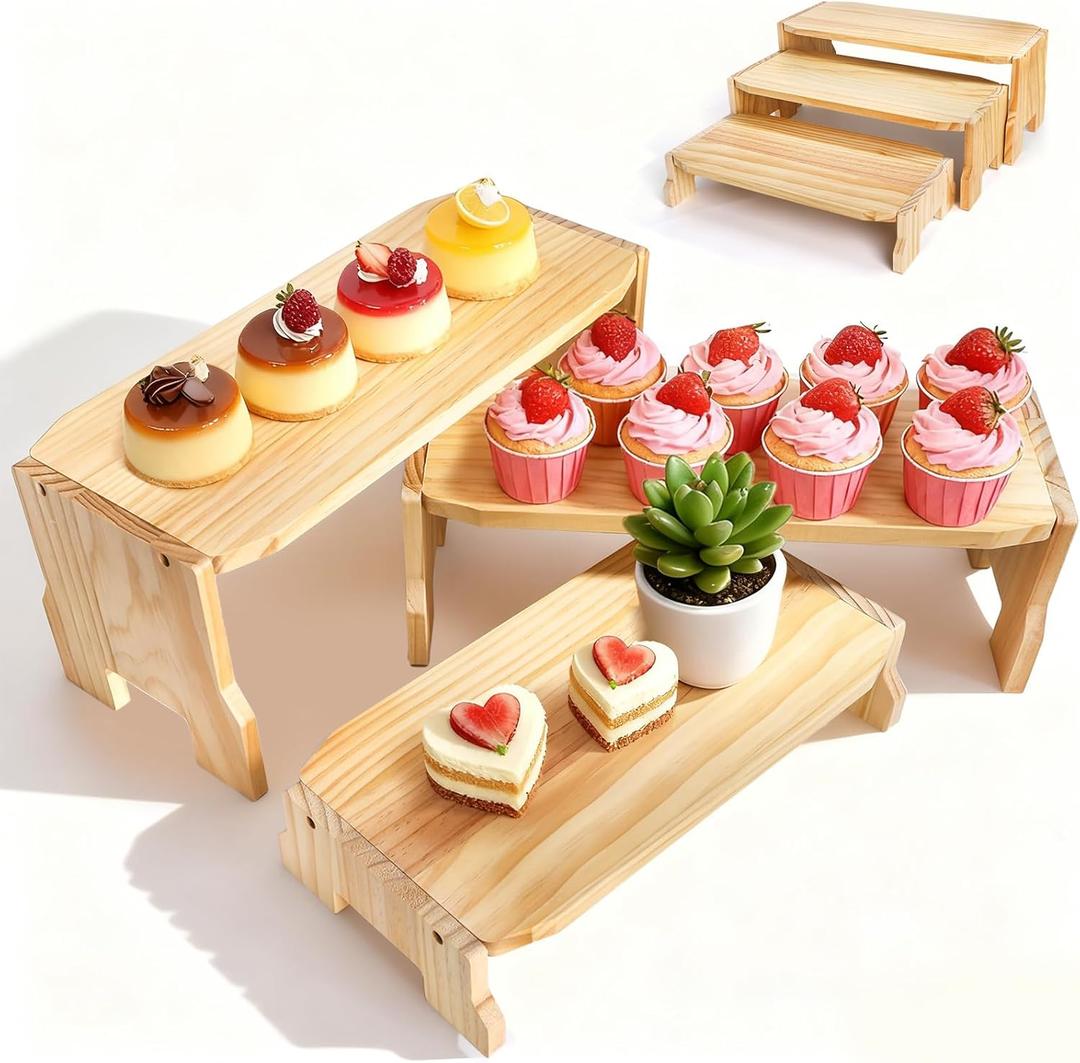 WRINGKIT 3 Tier Wood Display Riser, Stackable Cupcake Dessert Stand for 24 Cupcakes, Rectangular Wooden Risers for Table Vendor Display, Food, Perfume, Collections Showcase, 3 Size (17''/16''/14'')