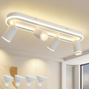 LED 4 Light Track Lighting Spotlight Kit, White Ceiling Spotlights, Modern Track Light Fixture with Flexibly Rotatable Light Heads, 50W+20W Dual Lighting for Kitchen Living Room,Includes 4 x GU10 Bulb