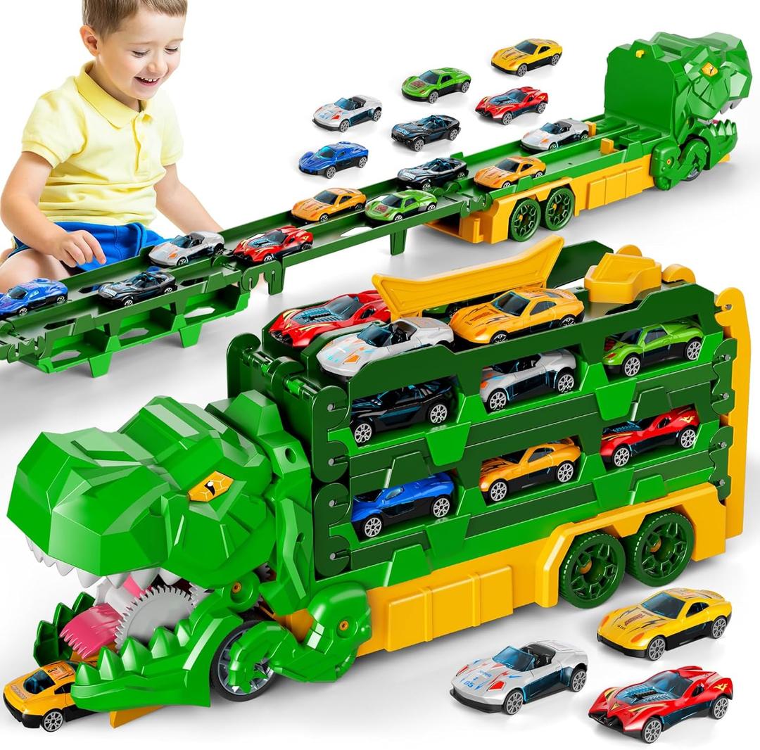 Dinosaur Race Track Toys for Kids 3-5 | 59" Dual Track Transport Truck with 12 Die-Cast Cars | Swallow & Race Action | Carrier Truck Toy Birthday Gift for 4 5 6+ Years Old Boys & Girls (Green)