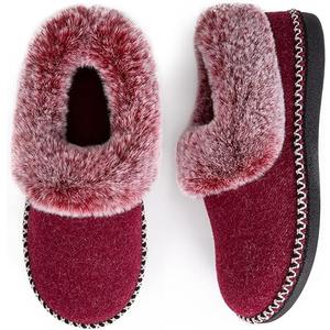 EverFoams Women's Bootie Slippers Warm Soft Comfy Memory Foam Non-slip Indoor House Shoes with Fluffy Collar, 8, Burgundy