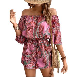 Milumia Women's Off The Shoulder Romper Boho Elastic Waist Shorts Jumpsuit Dressy Casual Vacation Outfits Large, Hot Pink