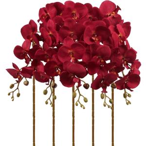 Burgundy Flowers Artificial Orchids 5PCS Fake Orchid 35.4" Faux Orchid Stems Burugndy Artificial Flowers for Bridal Shower Wedding Centerpieces Home Decor (Burgundy)