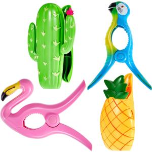 4 Pieces Beach Towel Clips Jumbo Size Towel Clips for Beach Chairs Flamingo Parrot Cactus Pineapple Plastic Lounge Chair Clamps Portable Towel Holders for Home Pool Lounge Supplies Accessories