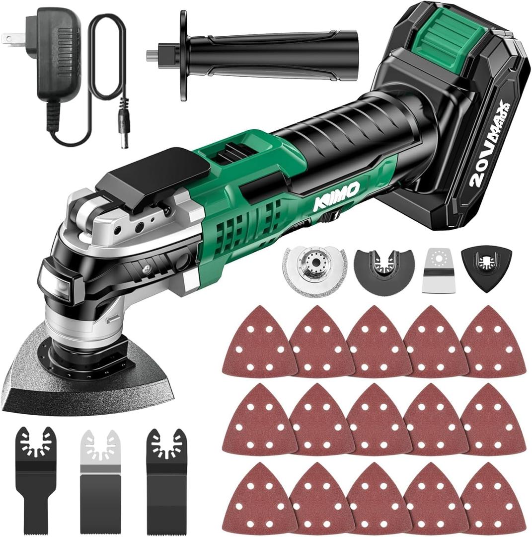 KIMO 20V Cordless Oscillating Tool Kit with 26-Pcs Accessories, Max 21000 OPM, 6 Variable Speed & 3 Oscillating Angle, Battery Powered Oscillating Multi-Tool for Cutting Wood/Nailing/Scraping/Sanding