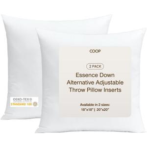 Coop Home Goods Essence Adjustable Throw Pillow Inserts 18x18, Set of 2, Adjustable Down Alternative Cushions for Couch, Bed, or Chair, Decorative Square Pillows for Living Room, Oeko-Tex Certified