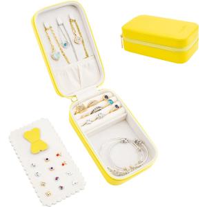BONNY DODO Small Travel Jewelry Organizers Box for women with PU Leather Portable Mini Jewelry Case with compartments for Necklace Rings Earrings,Luxury Giftable boxes. (Yellow, M)