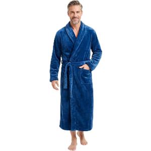 FG FEAYIGUDIM Men's Fleece Plush Bathrobe Full Length Big and Tall Shawl Collar Plaid Men Robe(Navy, L/ XL)