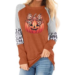 Graphic Shirts Women Pumpkin T Shirt Grateful Blessed Print Long Sleeve Blouse Leopard Striped Fall Tee (Brown, XL)