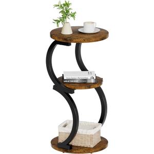 Small Side Table, 3-Tier Round End Table for Living Room, S-Shaped Accent Table for Small Spaces Sofa Couch Bedroom, Vintage Nightstand Wood Metal Coffee Table with Storage Shelf, Rustic Brown
