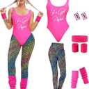 MIAIULIA Womens 80s Workout Costume Outfit 80s Accessories Set Leotard Neon Legging Headband Wristbands Set (Small, Let's Get Physical Pink)
